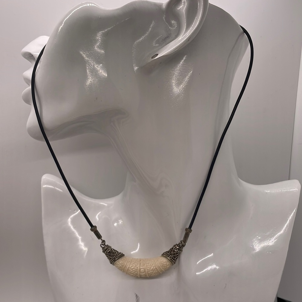 White Craved Arc Bone with Silver Ends & Black Cording